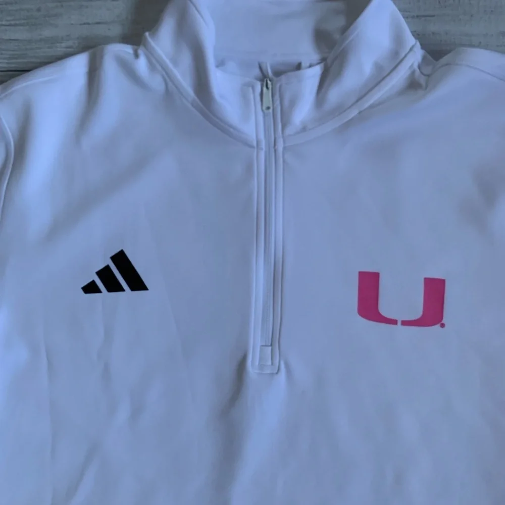 Adidas Men’s White Quarter-Zip Pullover with University of Miami “U” pink logo